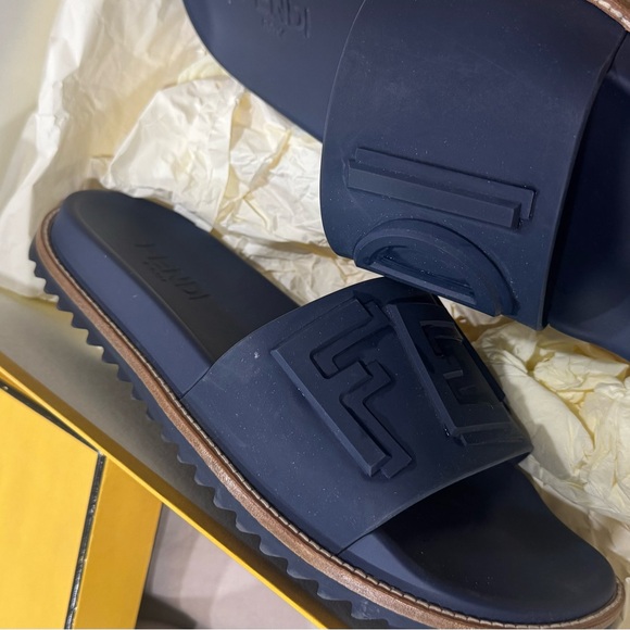 Fendi Navy Blue Leather-Trim Logo Slide Sandals - Picture 4 of 4